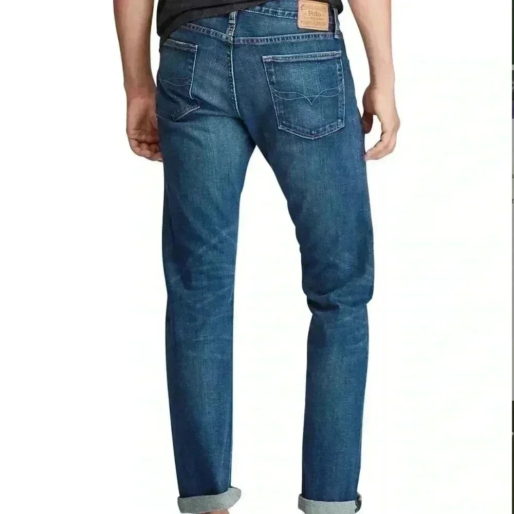Polo Ralph Lauren Varick Med Wash Whisker Faded Slim Straight‎ Jeans Size 38/32